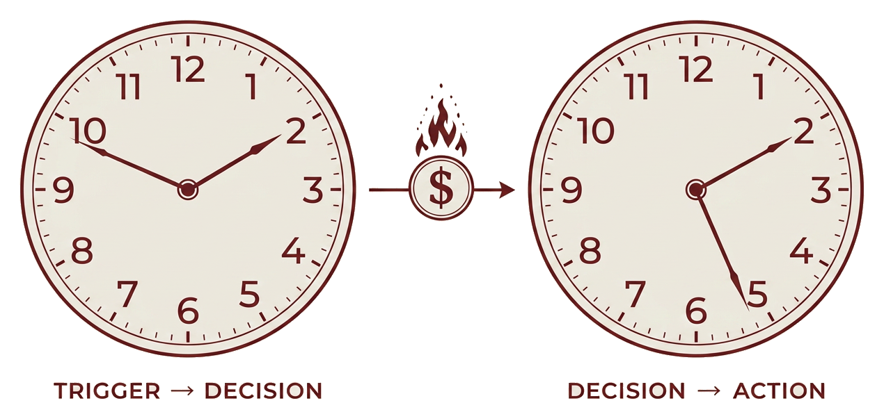 Two clocks: trigger to decision, and decision to action, with money burning in the gap between them